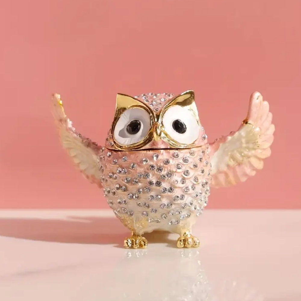 Gold and Pink Owl Figurine Trinket Box